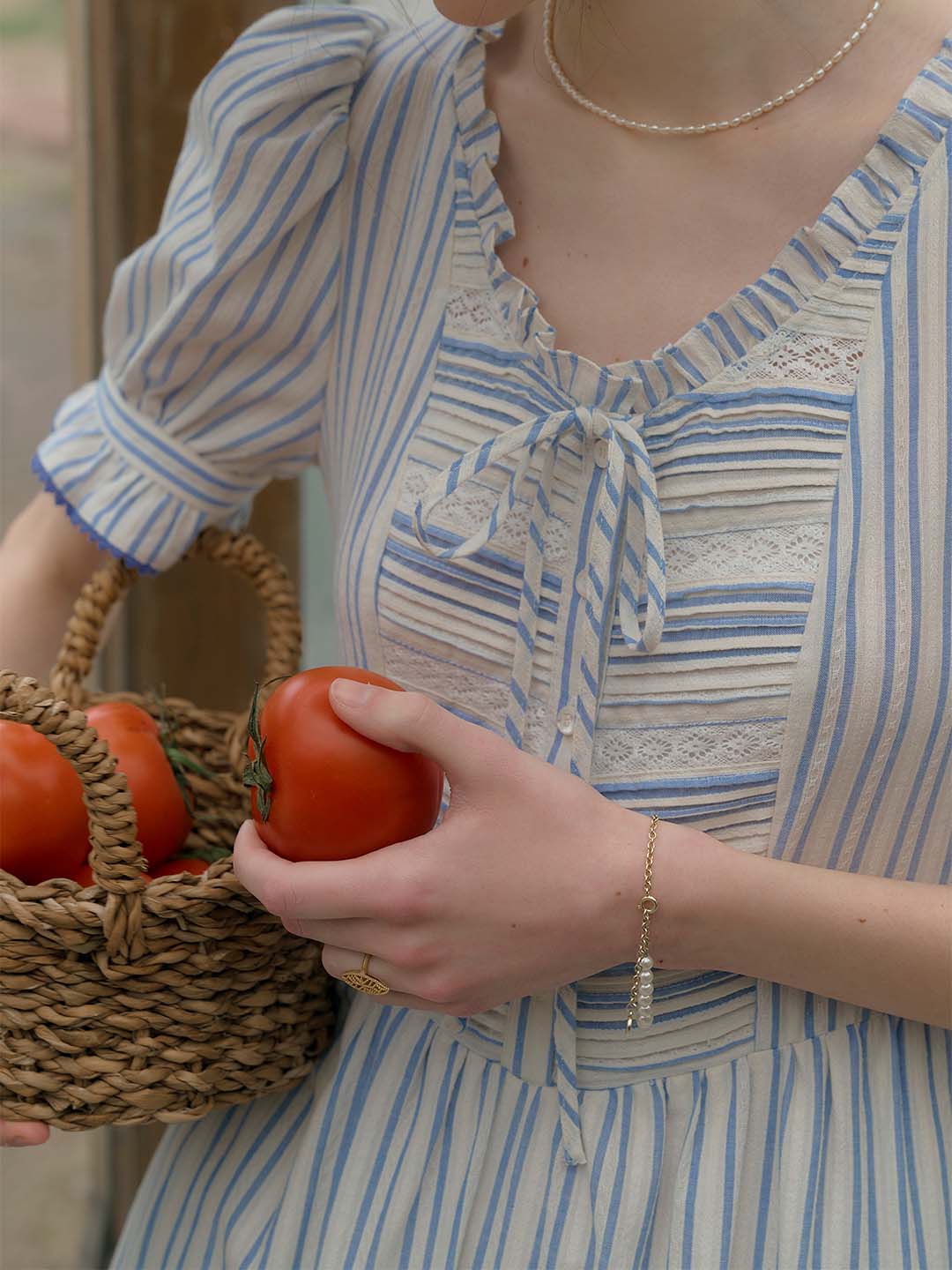 Raelyn Trim Bow Round Neck Puff Sleeve Lace Striped Cotton Dress