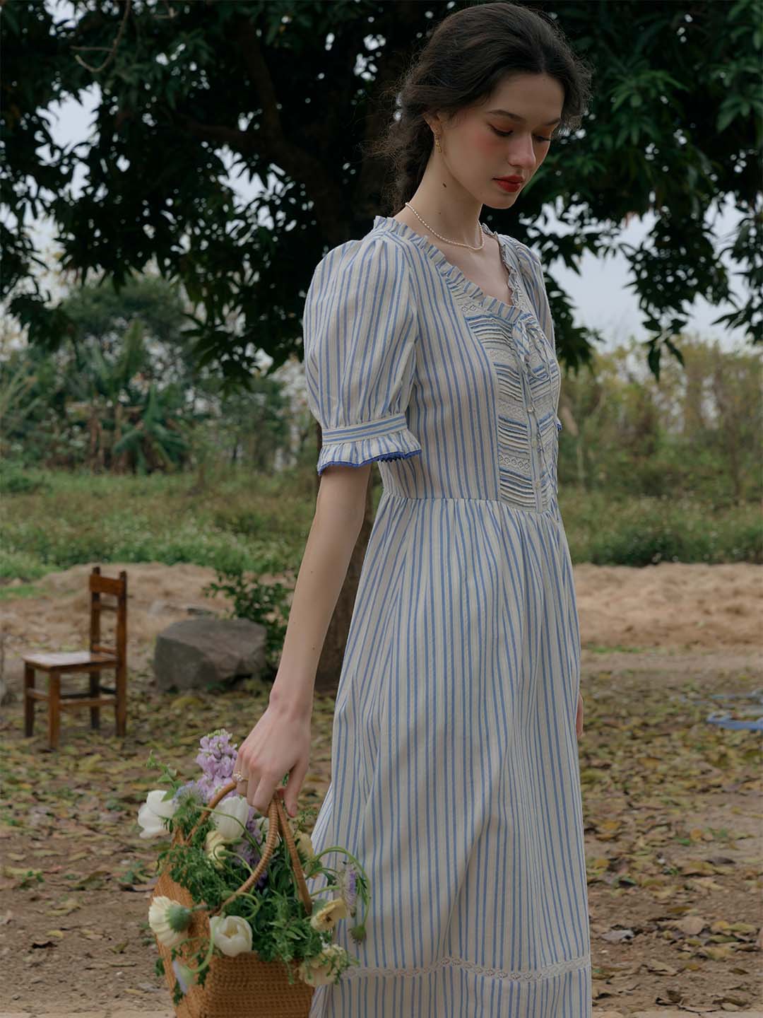 Raelyn Trim Bow Round Neck Puff Sleeve Lace Striped Cotton Dress