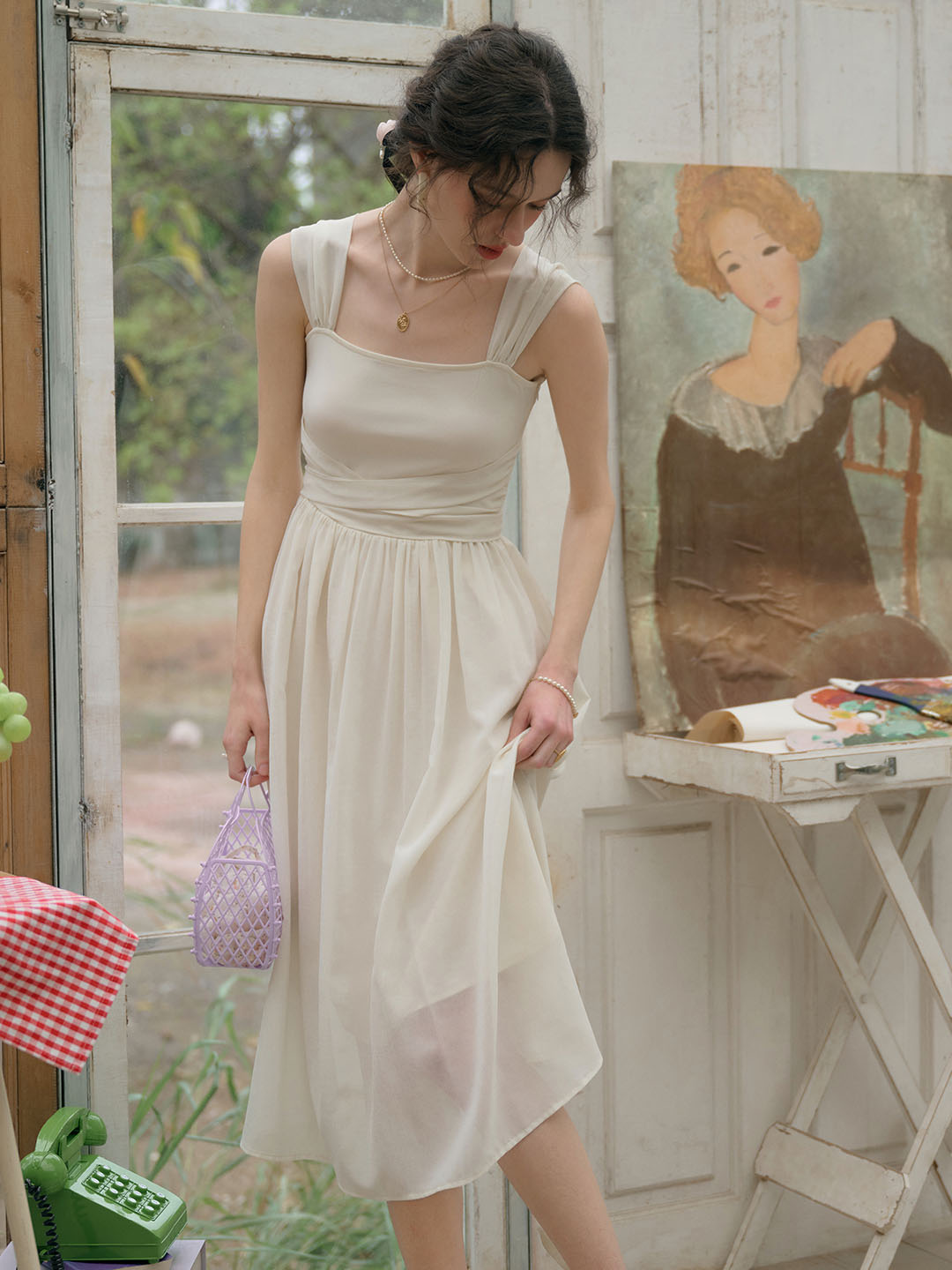 Fatima Elegant French Square Neck A-line Dress