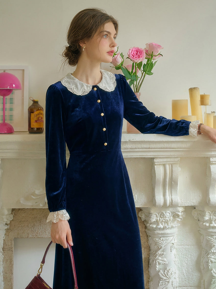 Azucena Lace-Collar Gold-Button Velvet Dress