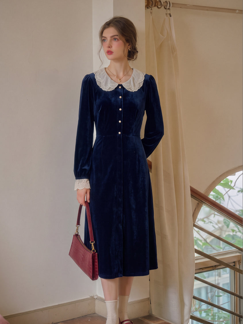 Azucena Lace-Collar Gold-Button Velvet Dress