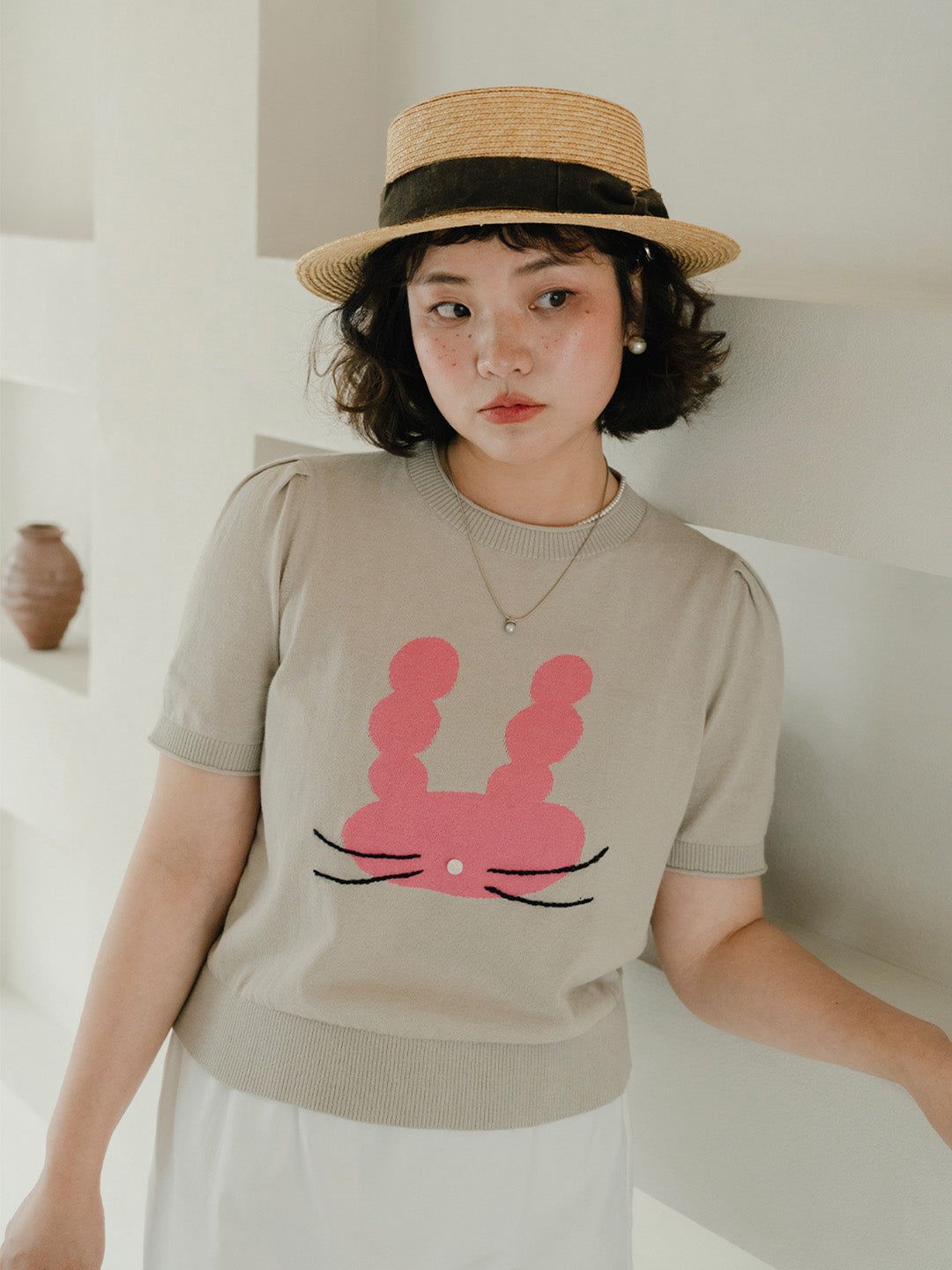 Chowxiaodou Puff-Sleeve Knit Linen T-Shirt