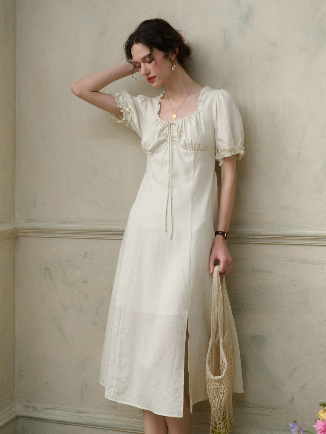 【Final Sale】Sarah Square Neck Lace Lyocell Dress