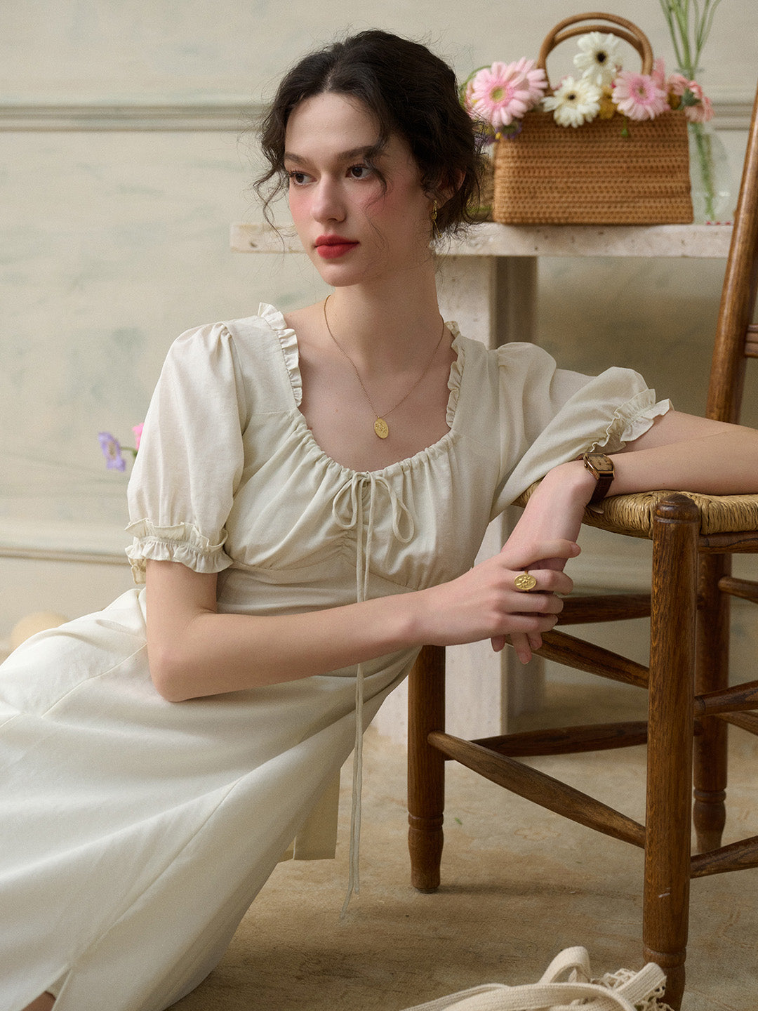 【Final Sale】Sarah Square Neck Lace Lyocell Dress
