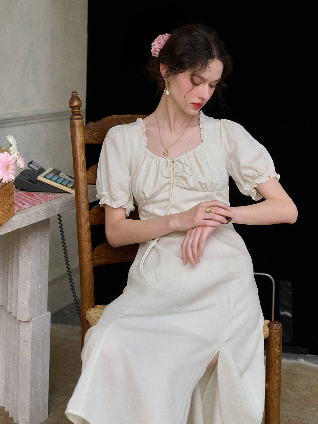 【Final Sale】Sarah Square Neck Lace Lyocell Dress
