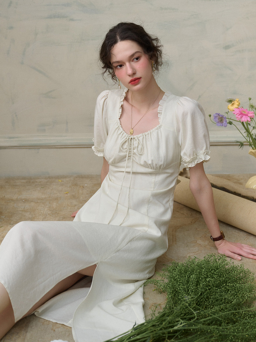 【Final Sale】Sarah Square Neck Lace Lyocell Dress