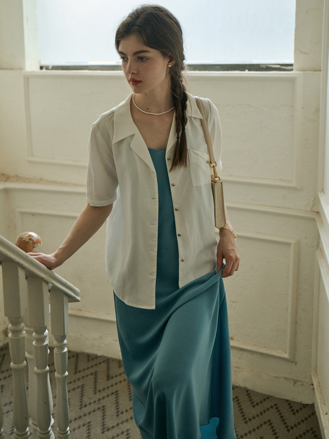 Gwen Vintage Elegant French V Neck Sling Blue Dress