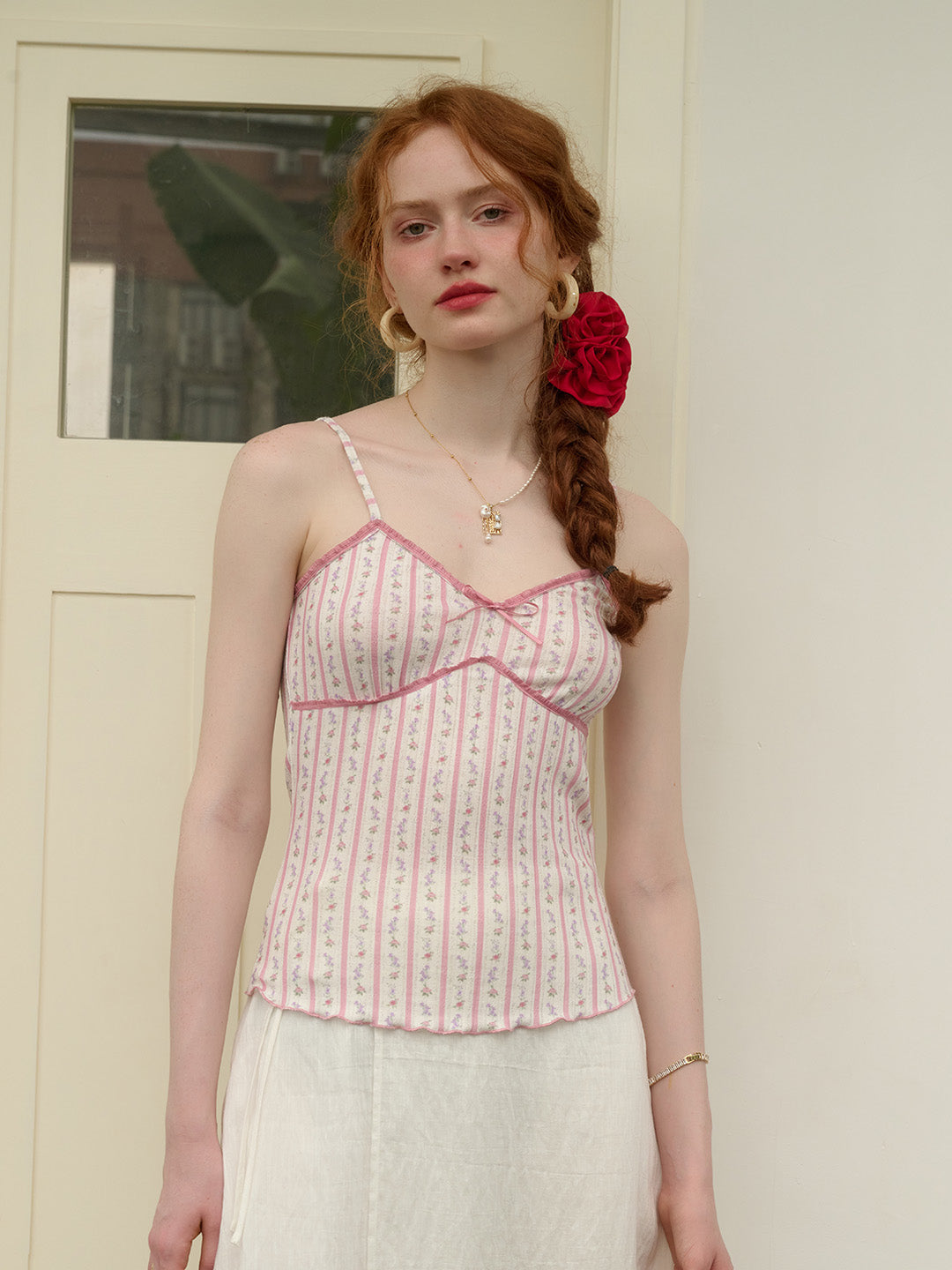 【Final Sale】Elouise Floral Striped Lace-up Pink Suspender Top