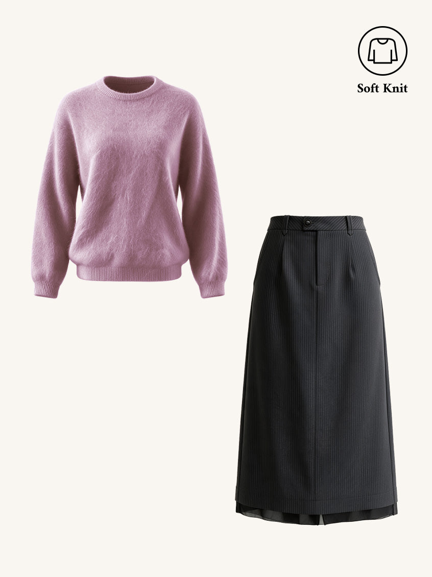 2Pcs Set Tru Cloud-Soft Wool Round Neck Sweater Tangerine Yellow & Natasha Pinstripe A-Line Layered Midi Skirt