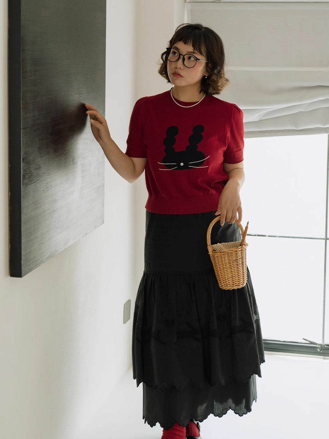 Chowxiaodou Puff-Sleeve Knit Linen T-Shirt