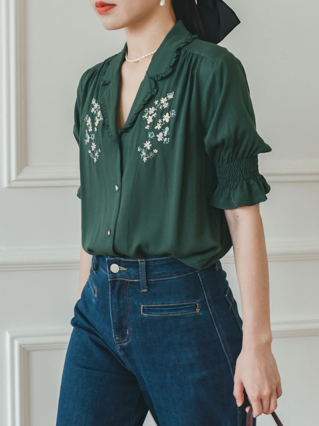 Alicia Floral Embroidery V-Neck Green Blouse