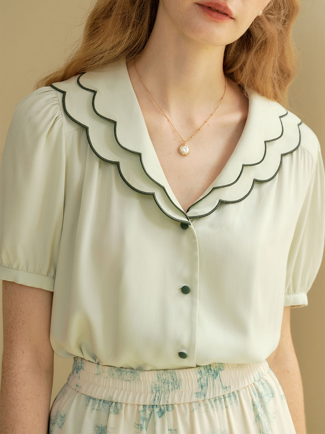 Indie Wavy Collar Contrast Blouse