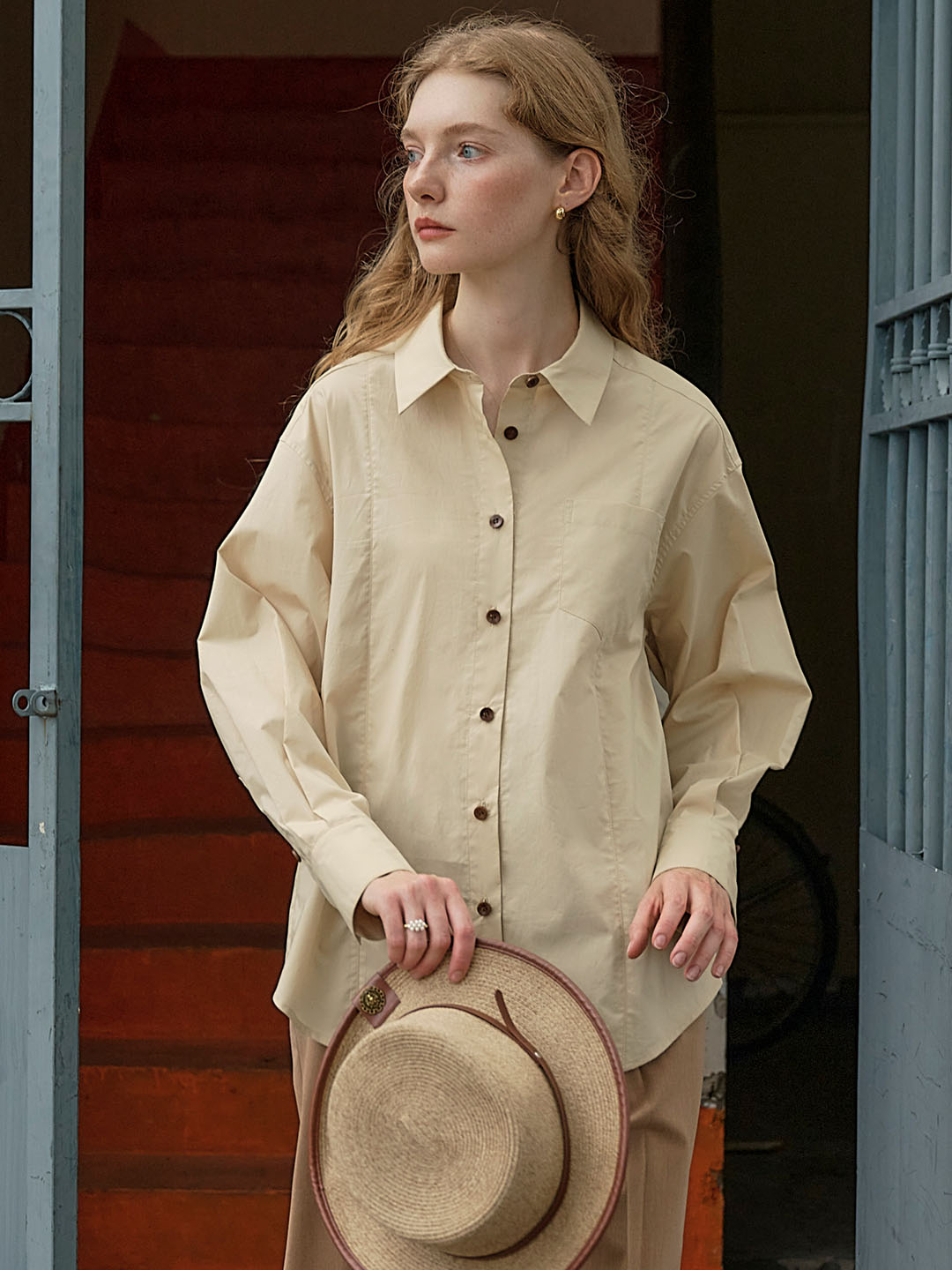 【Final Sale】Cynthia Classic LOGO Embroidered Slit Cotton Light Yellow Shirt
