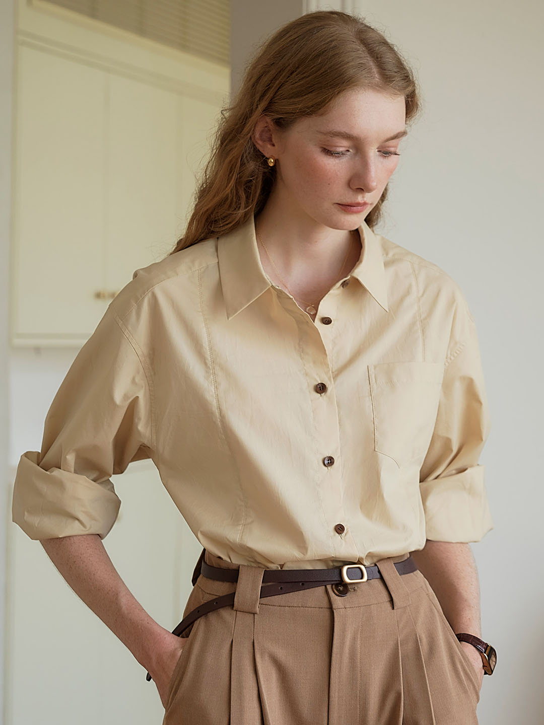 【Final Sale】Cynthia Classic LOGO Embroidered Slit Cotton Light Yellow Shirt