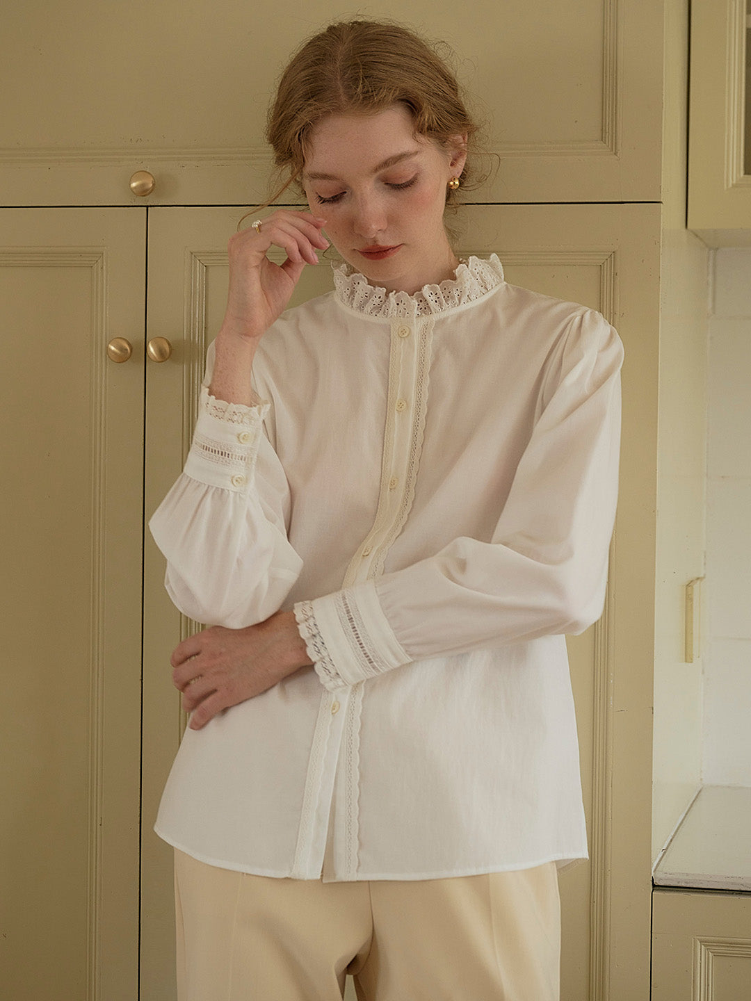 Yamileth Retro Mock Collar Lace Trimmed Paneled Blouse