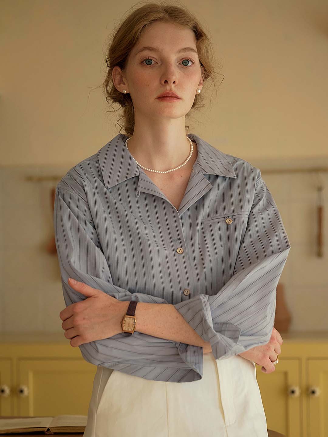 【Final Sale】Georgina Vintage Classic Suit Collar Striped Shirt
