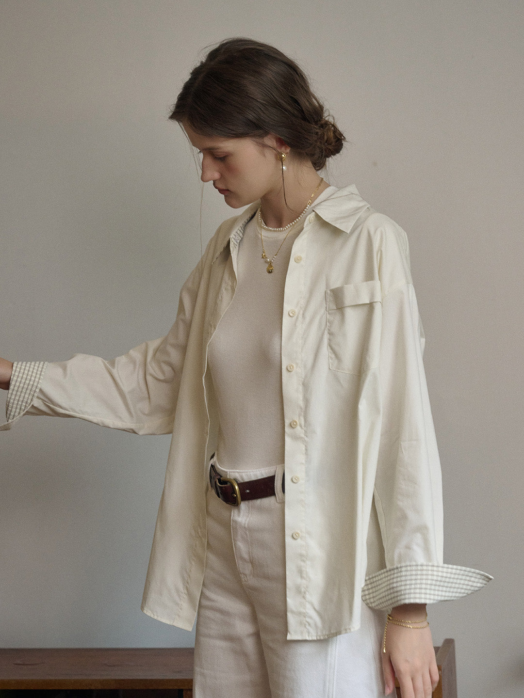 【Final Sale】Abby Removable Collar and Cuffs Contrast Color Small Checkered Shirt - Beige