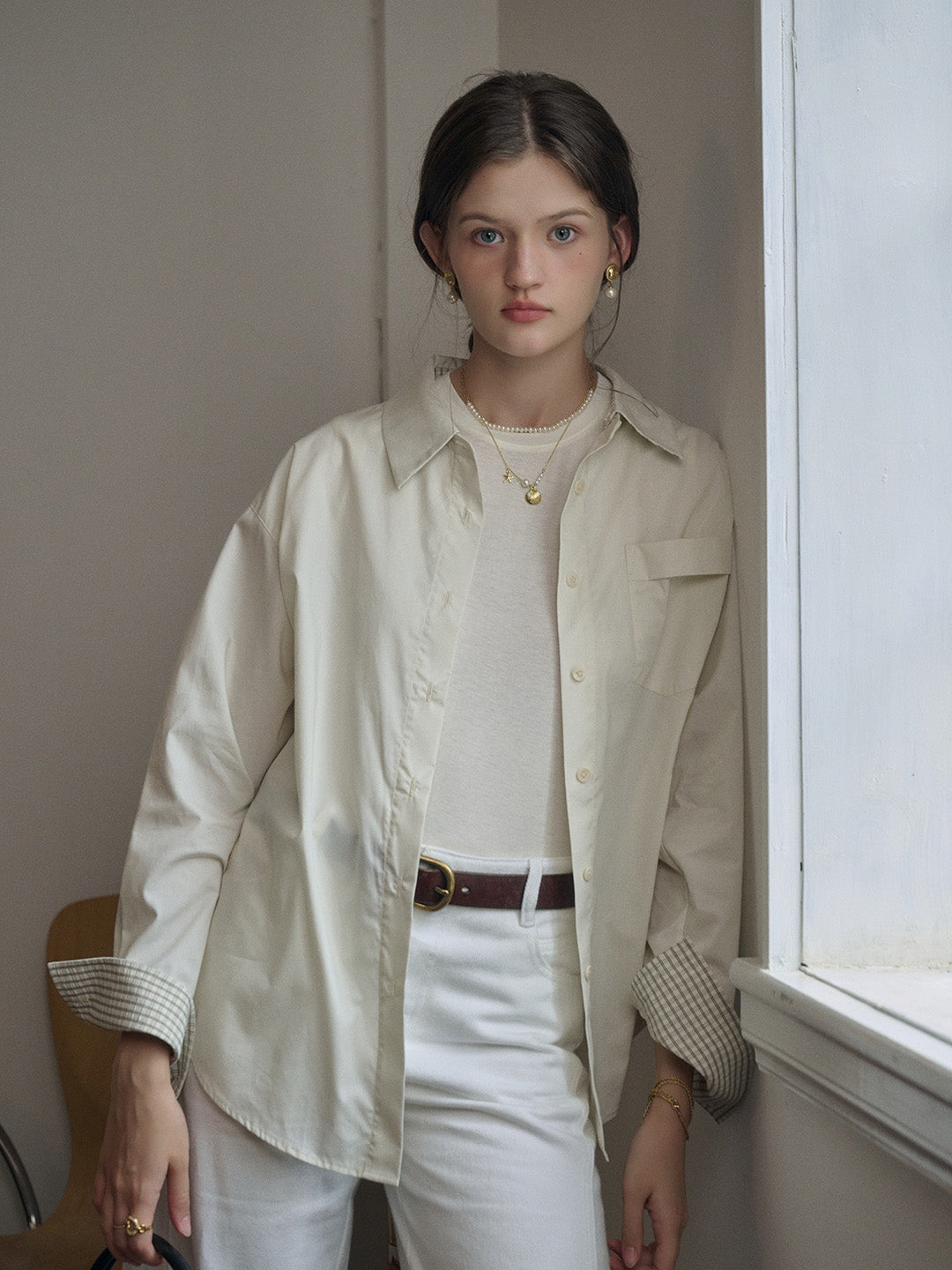 【Final Sale】Abby Removable Collar and Cuffs Contrast Color Small Checkered Shirt - Beige