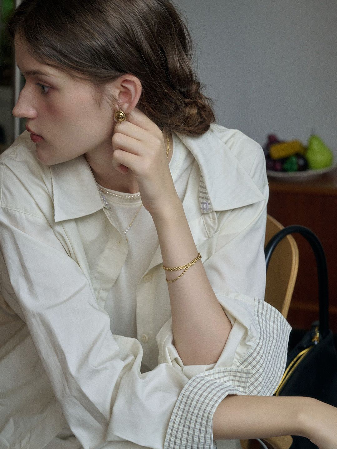 【Final Sale】Abby Removable Collar and Cuffs Contrast Color Small Checkered Shirt - Beige