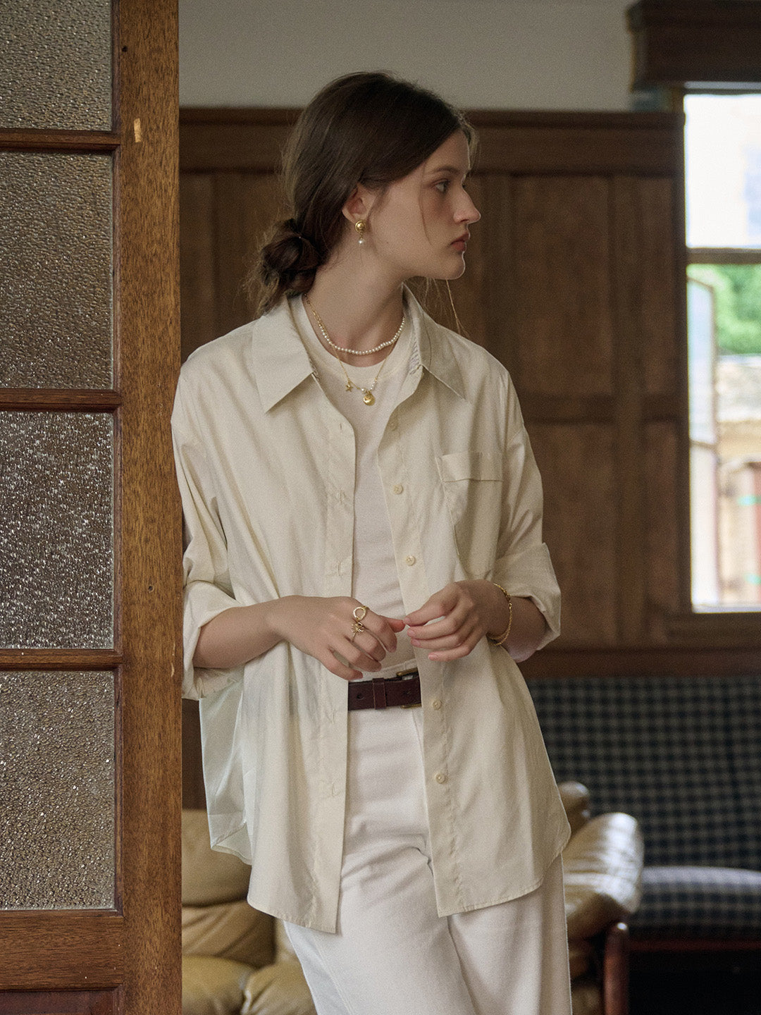 【Final Sale】Abby Removable Collar and Cuffs Contrast Color Small Checkered Shirt - Beige