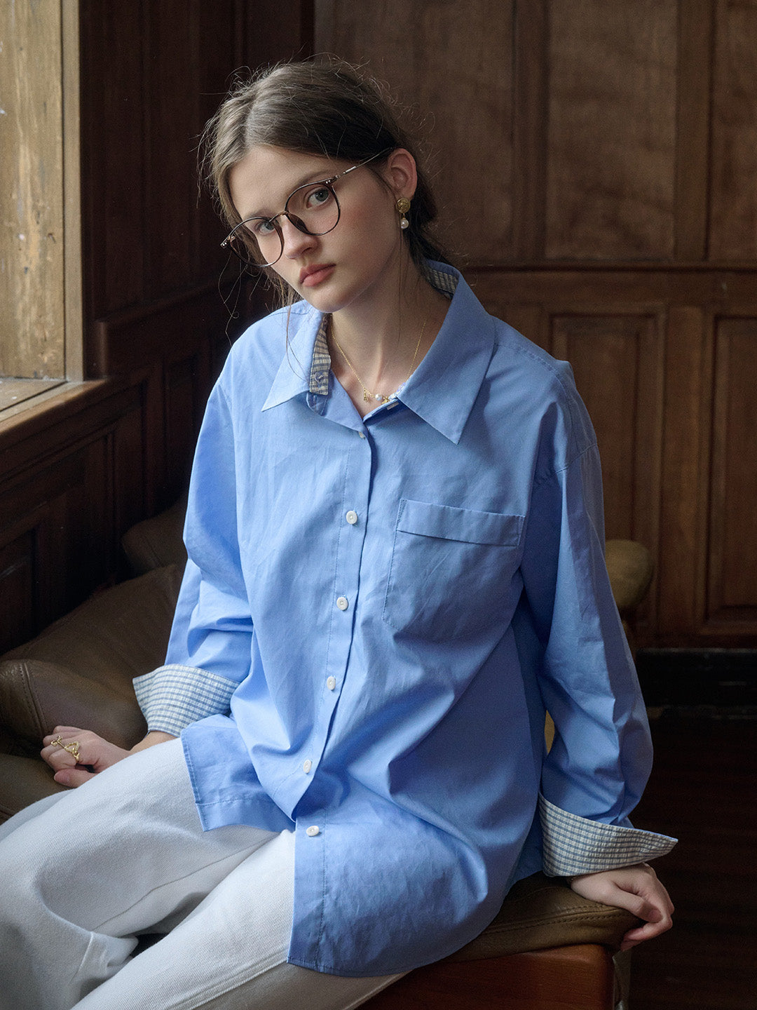 Abby Removable Collar and Cuffs Contrast Color Small Checkered Shirt - Blue