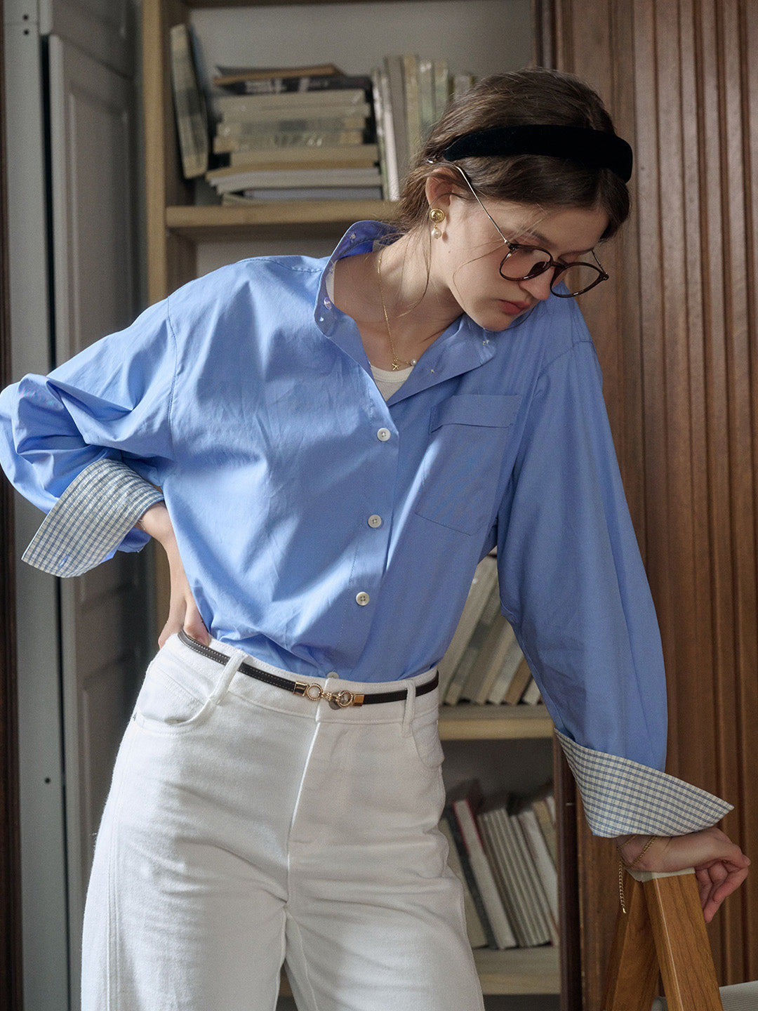 Abby Removable Collar and Cuffs Contrast Color Small Checkered Shirt - Blue