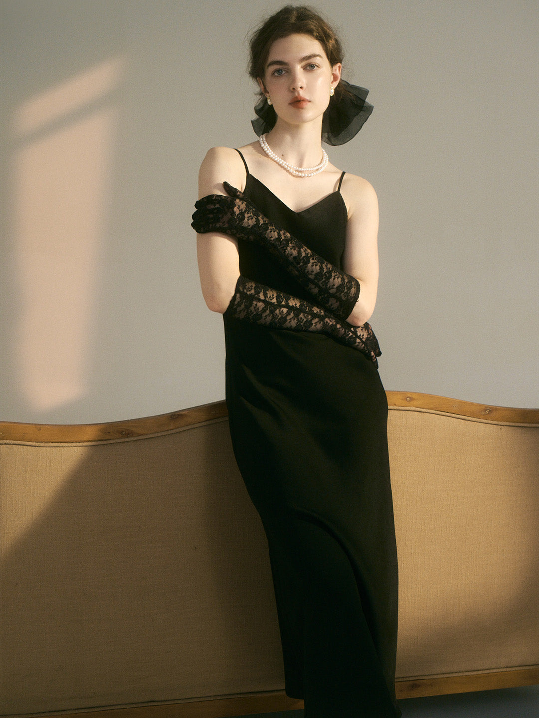 Gwen Vintage Elegant French V Neck Sling Black Dress