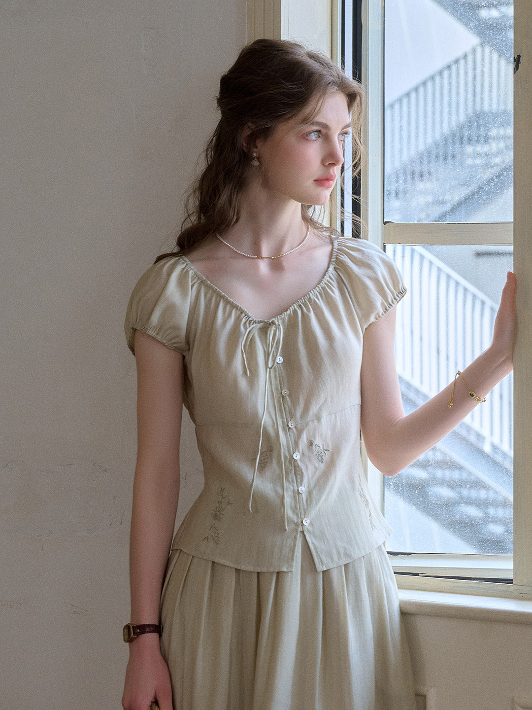 Zuri Round Neck Embroidery Lyocell Blouse