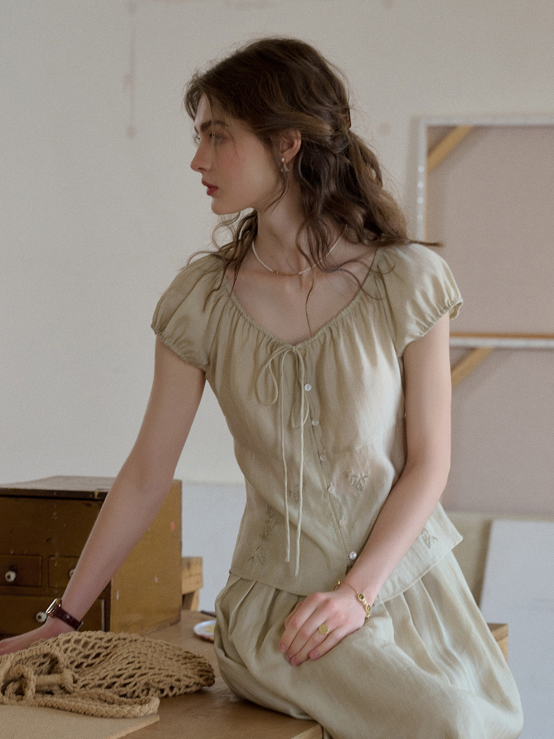 Zuri Round Neck Embroidery Lyocell Blouse