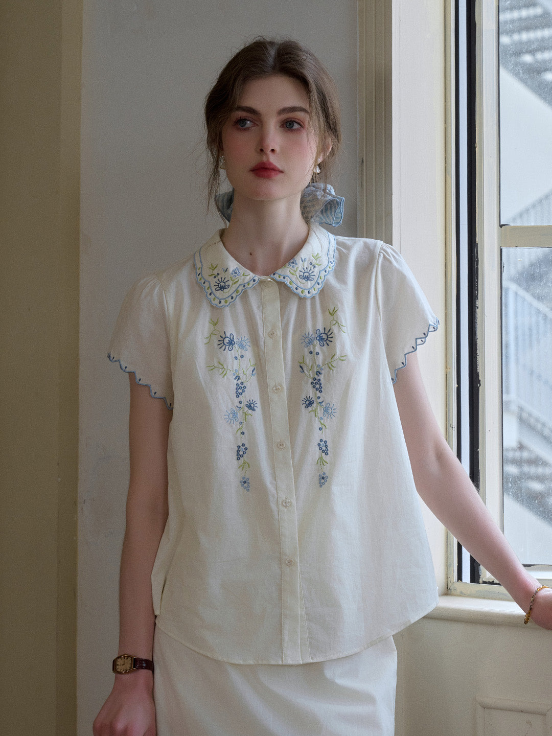 Alora Peter Pan Collar Embroidery 100% Cotton Blouse