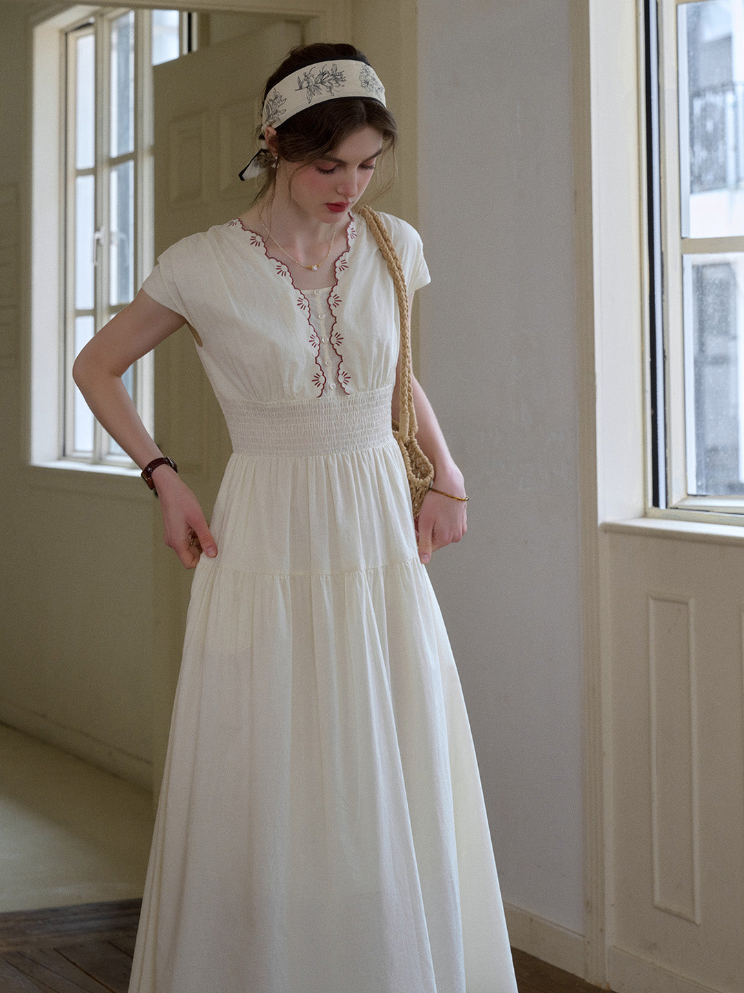 Adalyn Wavy Neck Embroidery 100% Cotton Dress
