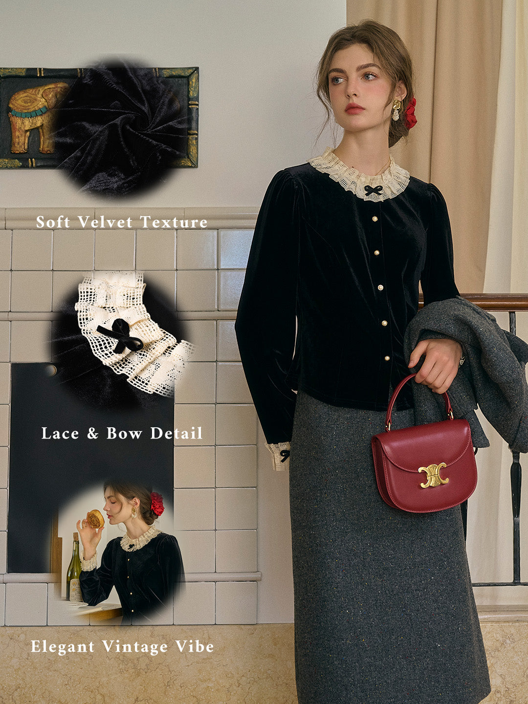 Azaria Round Collar Contrasting Lace Panel Bow Velvet Top - Black