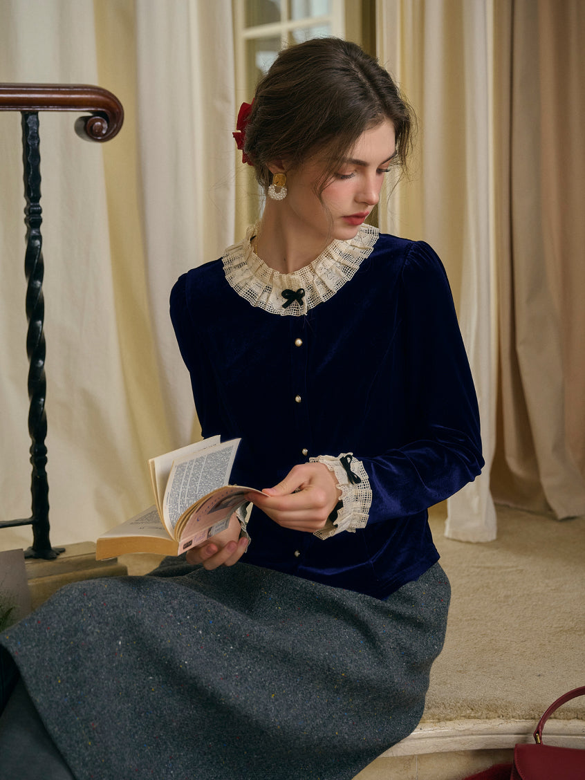 Azaria Round Collar Contrasting Lace Panel Bow Velvet Top