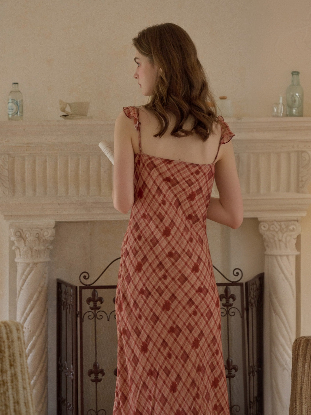 Lennon V-Neck Plaid Ruffle Sleeve Viscose Dress