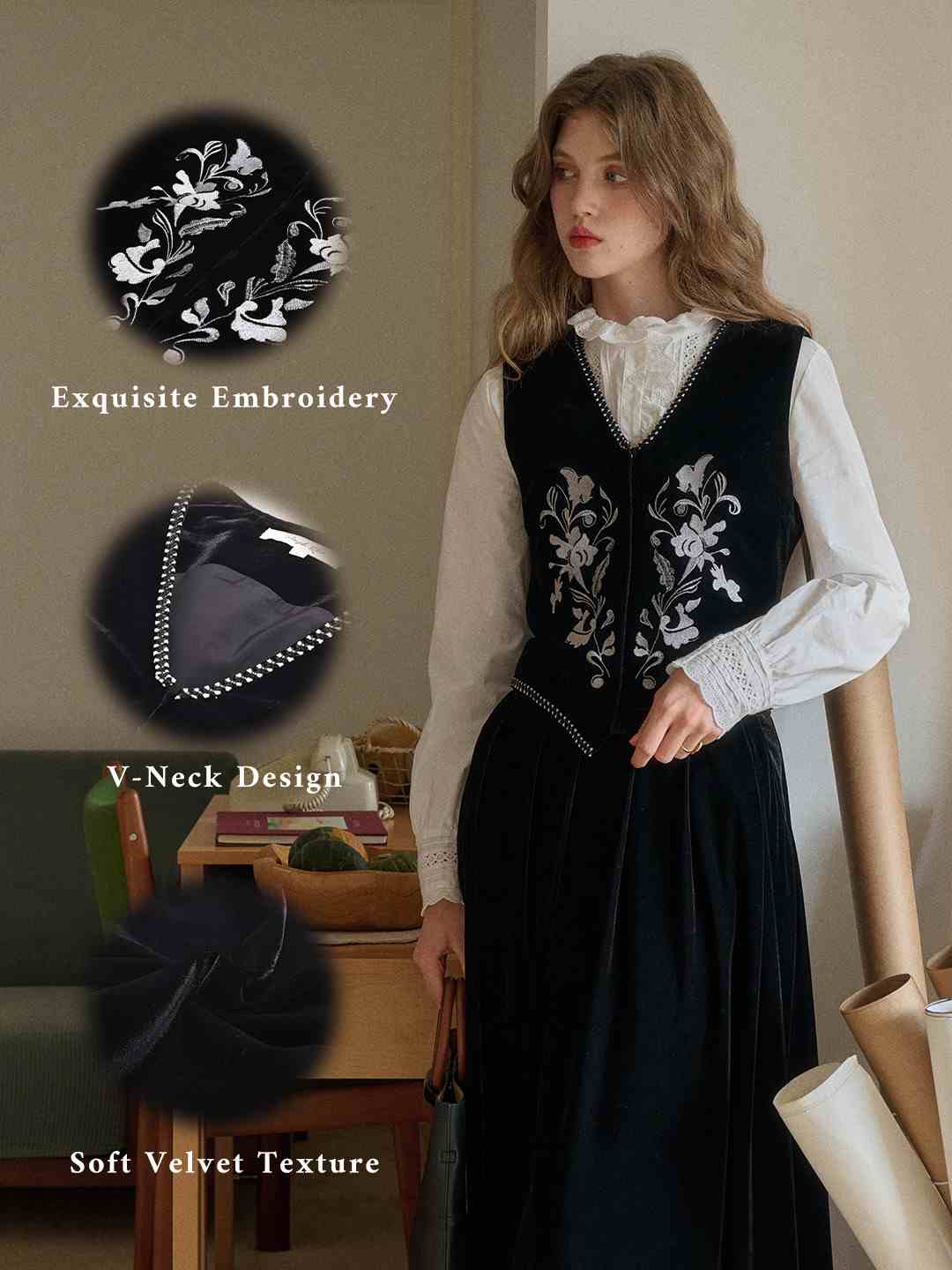 Xiomara V-Neck Embroidery Velvet Vest