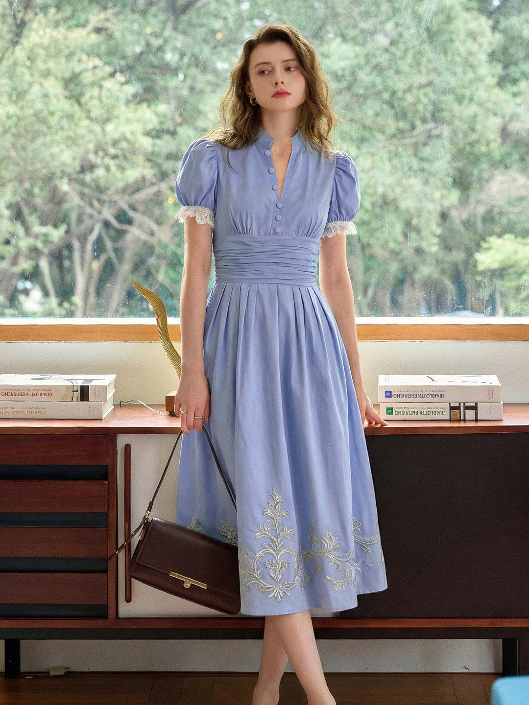 Ocean V-Neck Puff Sleeves Dress