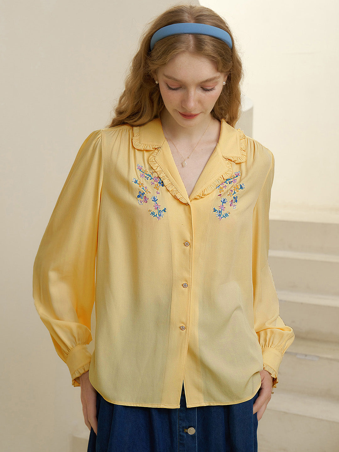 【Final Sale】Convallaria Floral Embroidered Yellow Puff Top