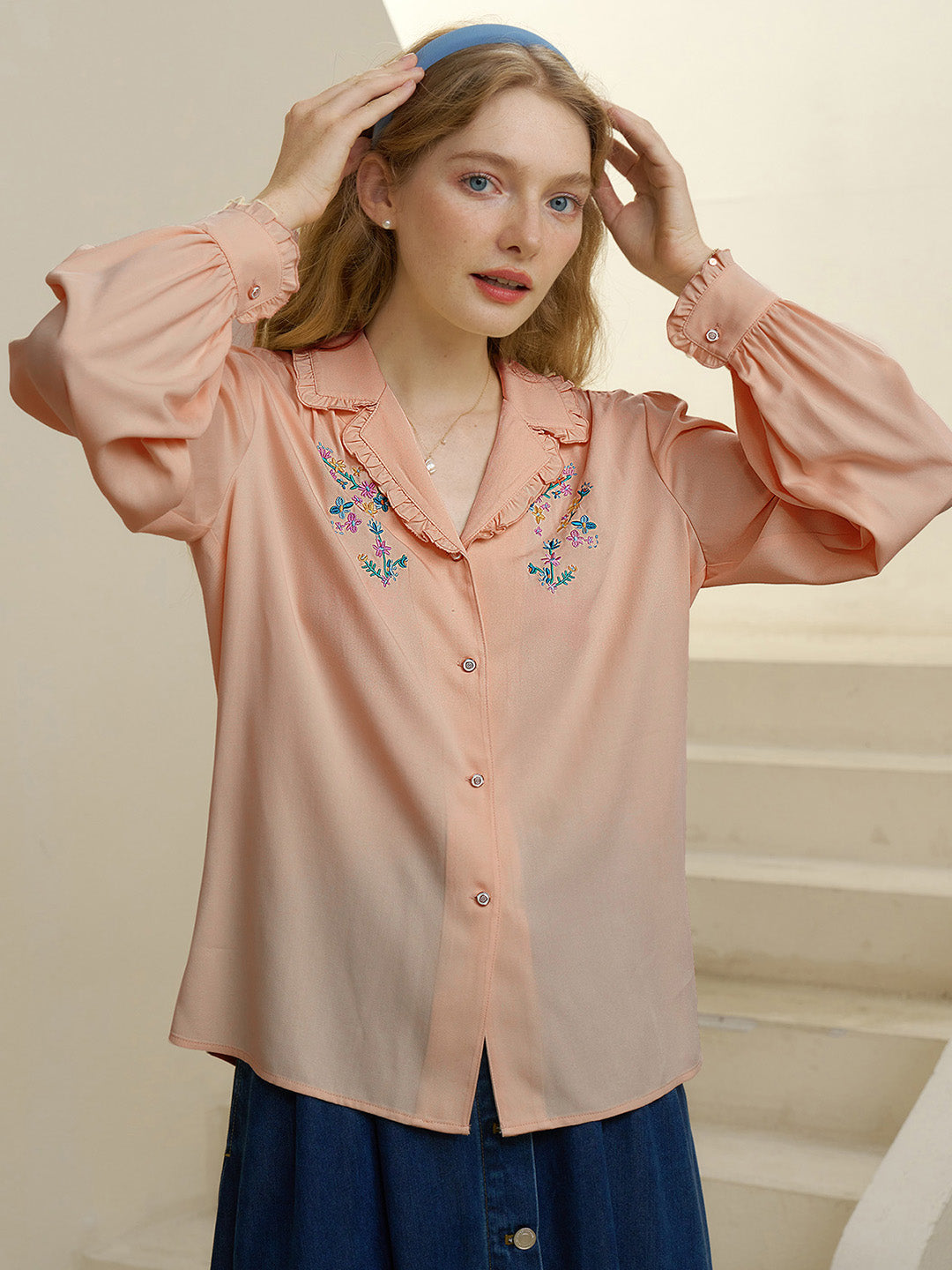 【Final Sale】Convallaria Floral Embroidered Light Yellow Puff Top