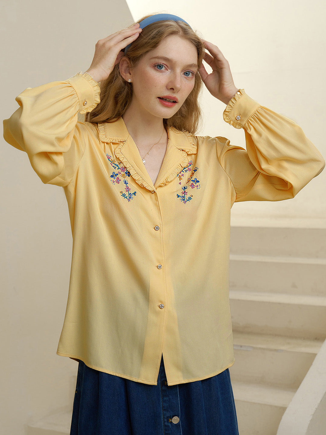 【Final Sale】Convallaria Floral Embroidered Yellow Puff Top