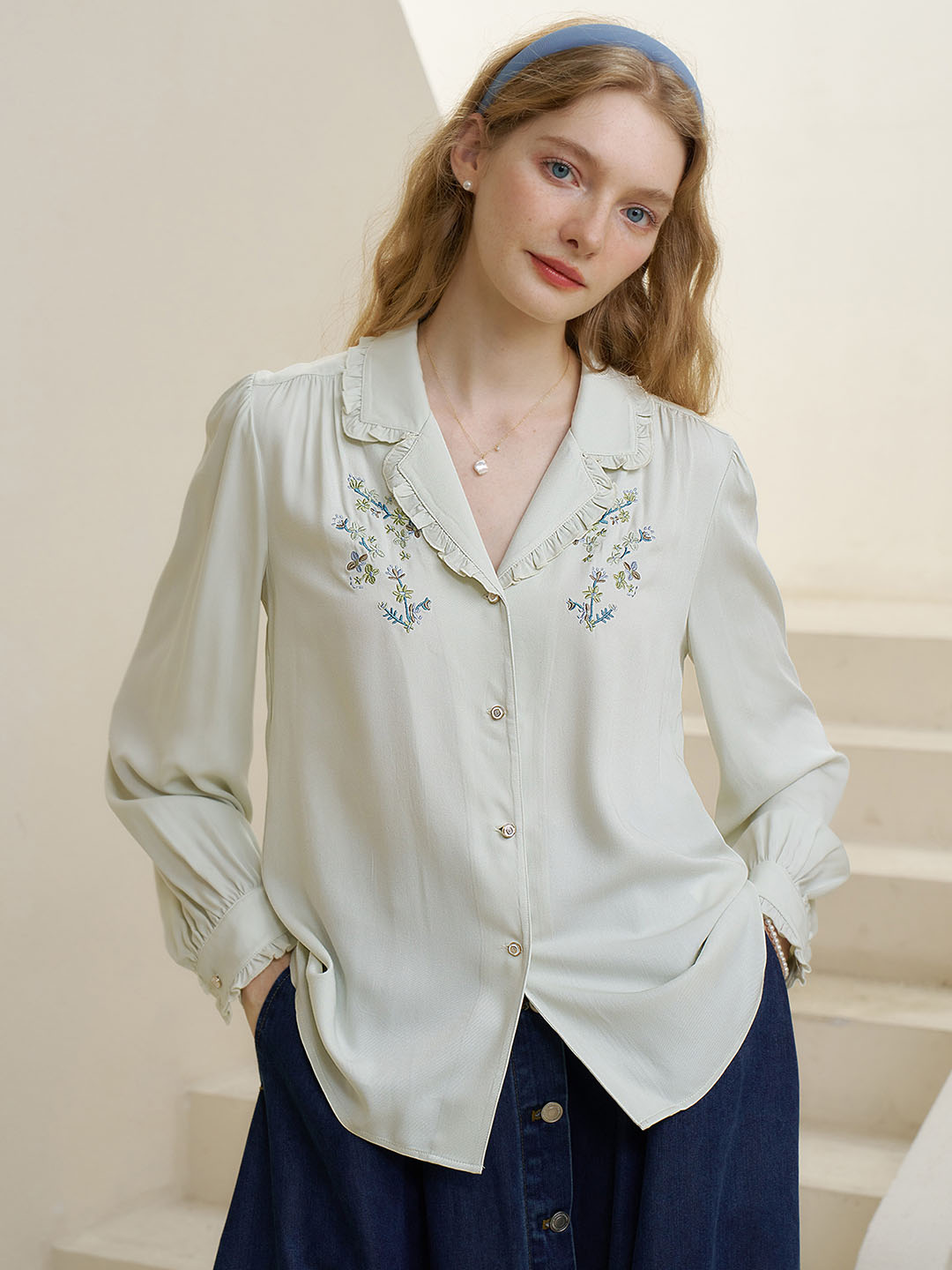 【Final Sale】Convallaria Floral Embroidered Light Blue Puff Top