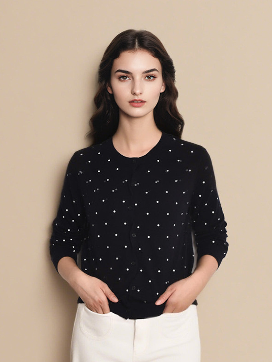 Camilla Round Neck Dot Wool Cardigan