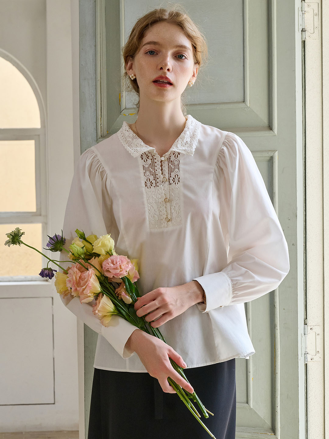 Hollow Lace Sleeve Round Neck Blouse