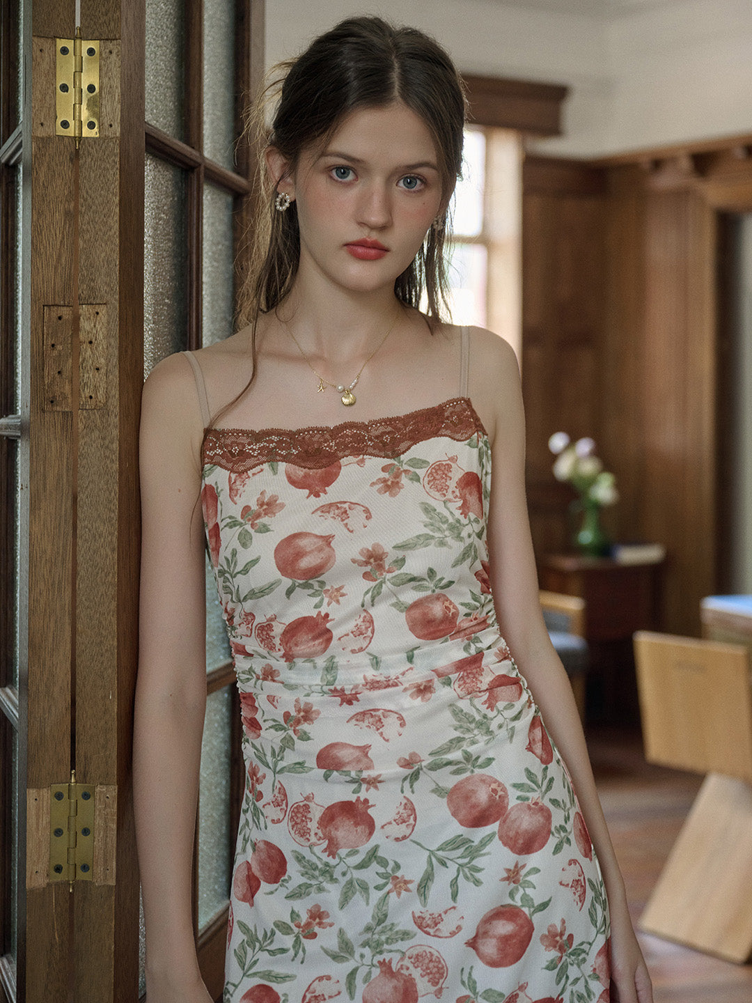 【Final Sale】Violet Romantic Pomegranate Print Lace Square Neck Sling Dress