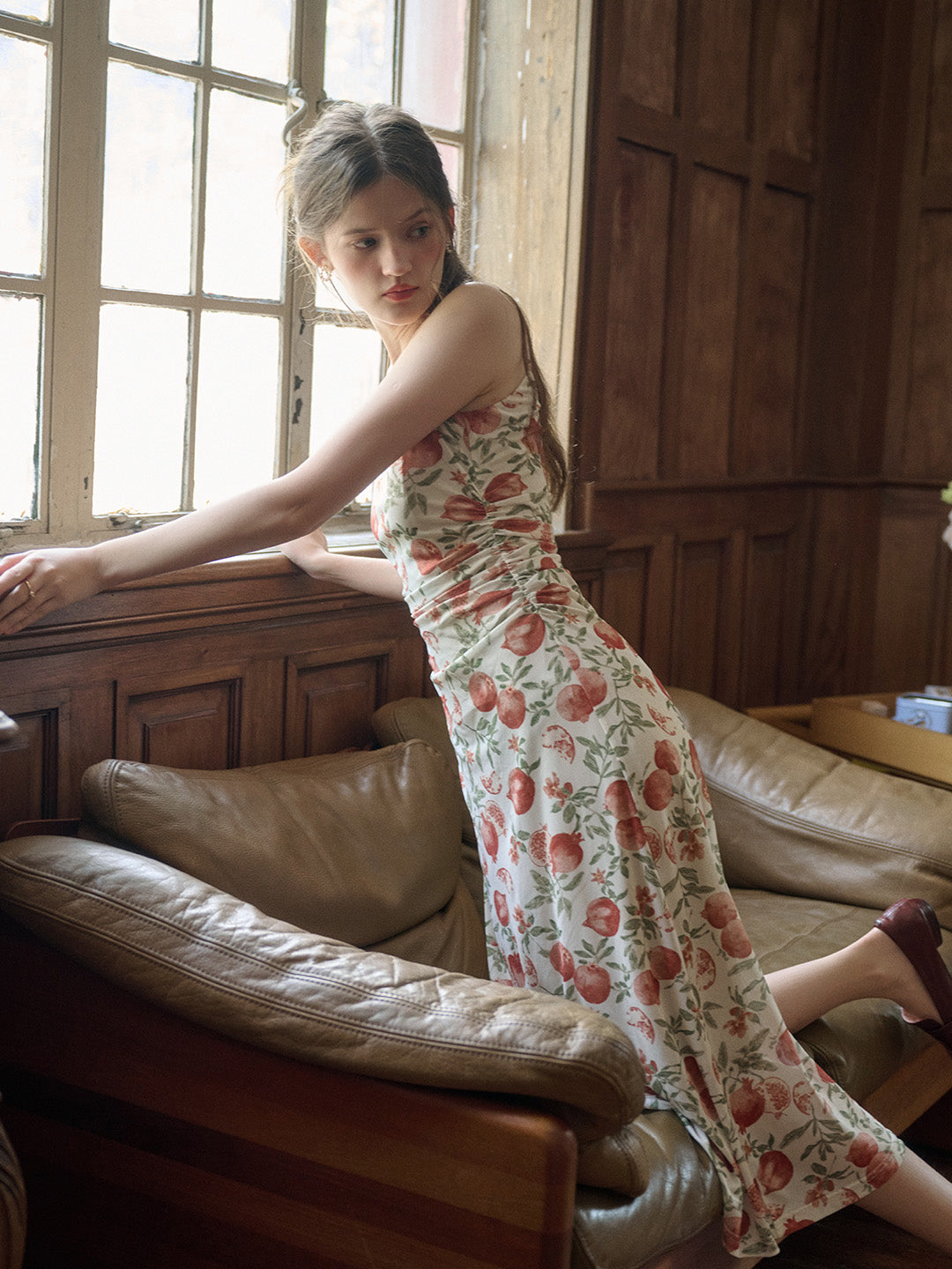 【Final Sale】Violet Romantic Pomegranate Print Lace Square Neck Sling Dress