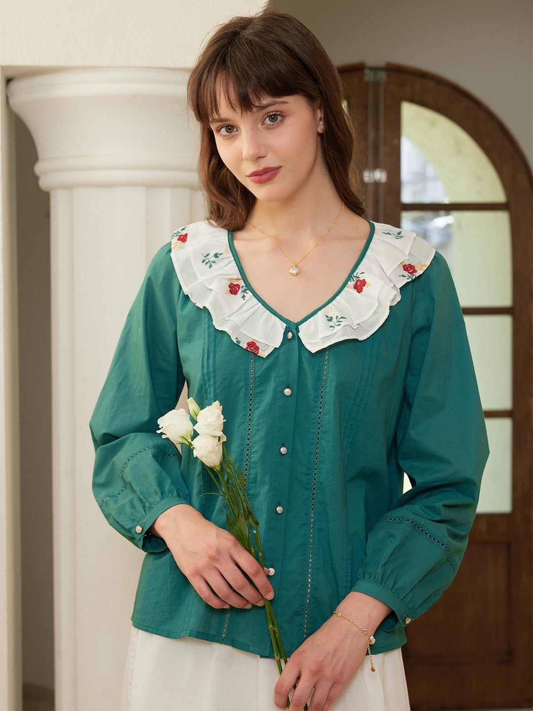 【Final Sale】Clarissa Peter Pan Collar Embroidered Blouse