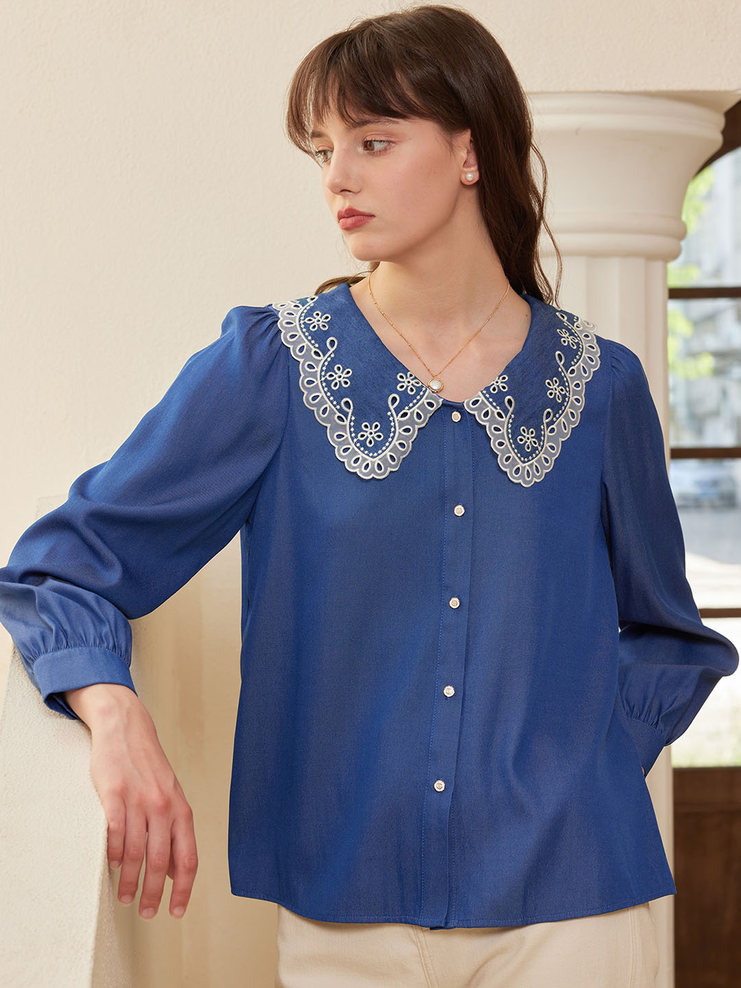 Scarlette Contrast Lace Peter Pan Collar Button Front Blouse