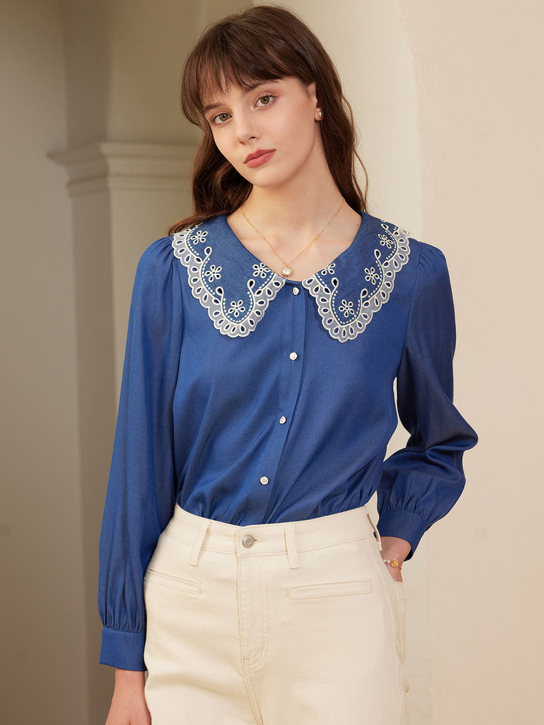 Scarlette Contrast Lace Peter Pan Collar Button Front Blouse