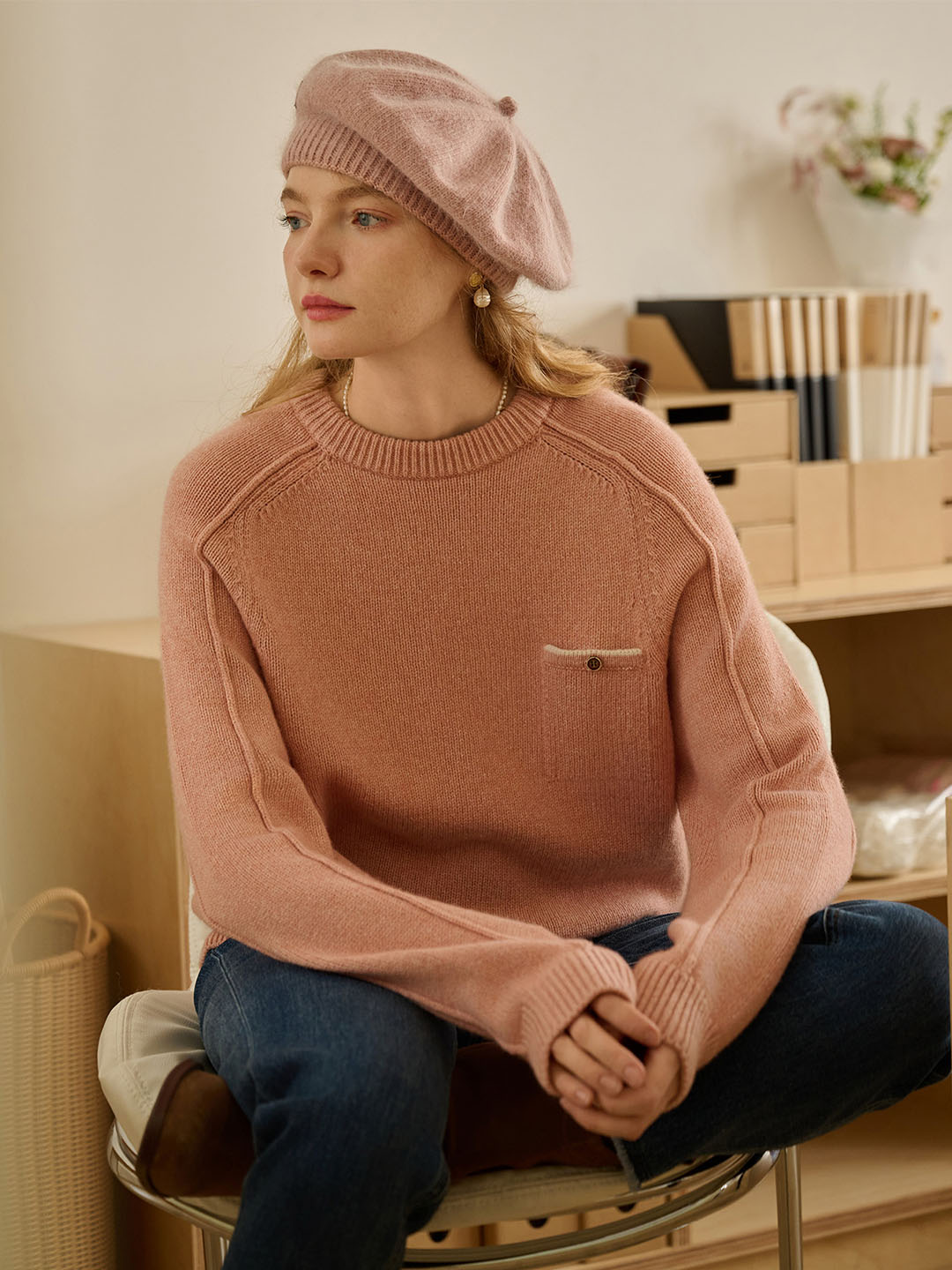 【Final Sale】Natalie Solid Raglan Sleeve Pocket Patched 100% Wool Sweater