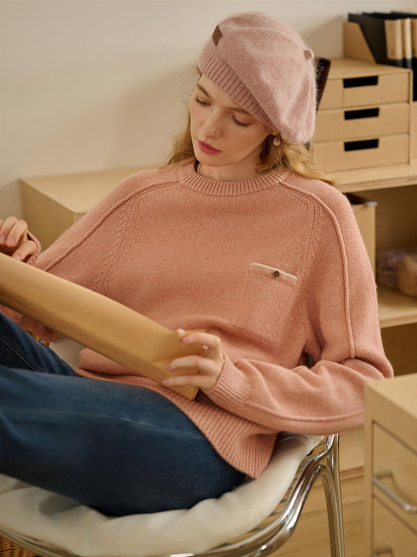 【Final Sale】Natalie Solid Raglan Sleeve Pocket Patched 100% Wool Sweater