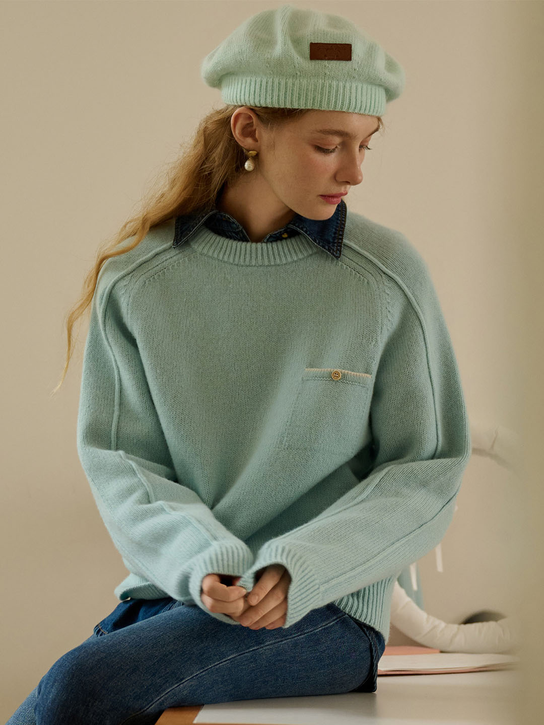 【Final Sale】Natalie Solid Raglan Sleeve Pocket Patched 100% Wool Sweater